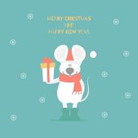 merry christmas and happy new year, rat zodiac sign, snowflake with cheese text design in green background, winter season, flat vector illustration cartoon character costume greeting card