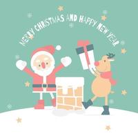 merry christmas and happy new year with cute santa claus, snowflake, star, reindeer and chimney in the winter season green background, flat vector illustration cartoon character costume design