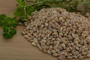 Raw pearl barley on wooden background photo