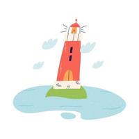 Cute lighthouse on island in the middle of sea or ocean, flat vector illustration isolated on white background. Cartoon coast building with navigation light.