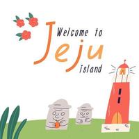 Jeju island welcoming poster with lighthouse and Dol Hareuband stone, cartoon flat vector illustration. Cute symbols of Korean Jejudo.