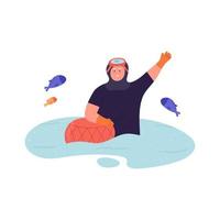 Happy Haenyeo sea woman waving from the sea, flat vector illustration isolated on white background. Senior old lady welcoming tourists to Jeju island of Korea. Cartoon fishes jumping.