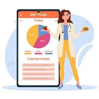 Nutritionist concept. Nutrition loss recommendation and diet plan. A mobile application with health monitoring. Vector illustration