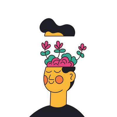 Mental health awareness people concept. Psychological problems of the head and body with mental health. Man with brain and flowers vector illustration