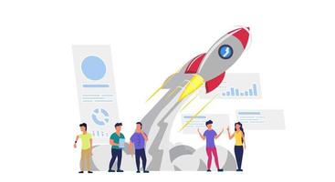 Business analytics in cloud arrow vector leadership company. People challenge teamwork up. Flat job marketing concept illustration. Growth with rocket investment service. Man and woman trend result