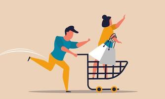 Supermarket customer and funny buy with people. Commerce trolley and paying to mall vector illustration concept. Grocery shopaholic and purchasing retail. Consumer happiness and shop together product