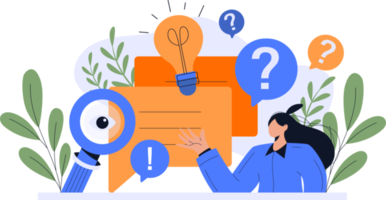 FAQ concept illustration. people looking through magnifying glass at interrogation point. searching solutions, useful information, customer support, solving problem png