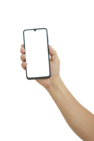 mano que sostiene el teléfono inteligente con pantalla blanca en blanco aislada png