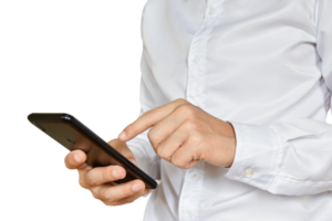 Close-up image of businessman hand holding mobile phone isolated. png