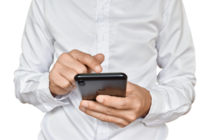 Close-up image of businessman hand holding mobile phone isolated. png