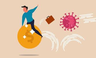 Financial risk money and man riding coin from coronavirus. Insurance problem safe and investment finance vector illustration concept. Fund control cash and people business economy investment dollar