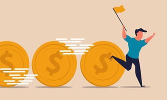 Cash flow and fund on loan to the bank money business. Fundraising financial coins and refinancing investments people. Man fast run with coin with flag vector illustration. Earn commission income