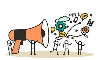 People announce advertising with megaphone vector illustration. Awareness focus loud speaker man and woman. Business banner marketing group media. Speech news promotion network leadership poster