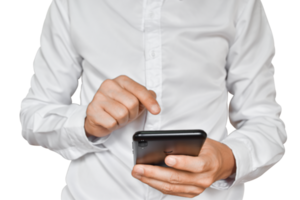 Close-up image of businessman hand holding mobile phone isolated. png