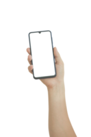 Hand holding smart phone with white blank screen isolated png