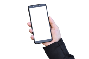 Close-up image of businessman hand holding mobile phone isolated. png