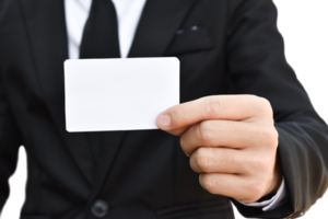 Businessman hand holding white business card isolated. png