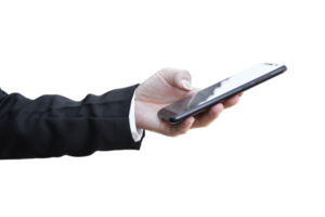 Close-up image of businessman hand holding mobile phone isolated. png