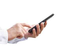 Close-up image of businessman hand holding mobile phone isolated. png