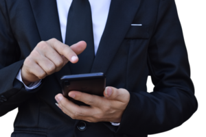 Close-up image of businessman hand holding mobile phone isolated. png