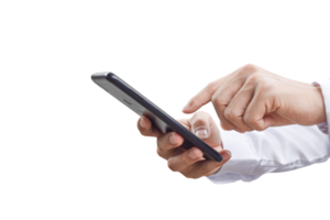 Close-up image of businessman hand holding mobile phone isolated. png