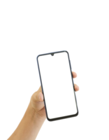 Hand holding smart phone with white blank screen isolated png