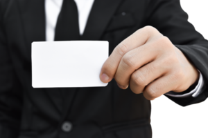 Businessman hand holding white business card isolated. png
