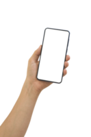 mão segurando o telefone inteligente com tela branca em branco isolada png