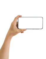 Hand holding smart phone with white blank screen isolated png