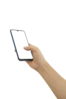 Hand holding smart phone with white blank screen isolated png