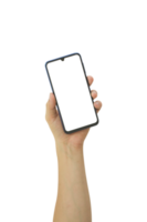 hand, die smartphone mit weißem leerem bildschirm lokalisiert hält png