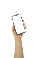 Hand holding smart phone with white blank screen isolated png