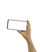 Hand holding smart phone with white blank screen isolated png