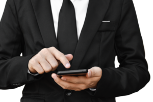 detailopname beeld van zakenman hand- Holding mobiel telefoon geïsoleerd. png
