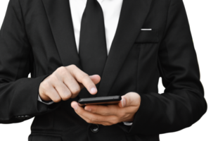 Close-up image of businessman hand holding mobile phone isolated. png