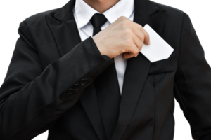 Businessman hand holding white business card isolated. png