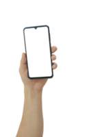 mão segurando o telefone inteligente com tela branca em branco isolada png