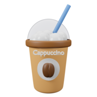 Cappuccino whipping cream  in brown plastic cup with straw 3D illustration png