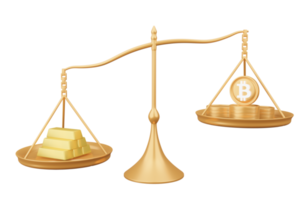 goud waardering tegen bitcoin in balans schaal. realistisch 3d illustratie investering financieel bedrijf concept png