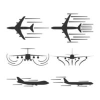 Airplane takeoff vector air travel icon. Aircraft flight design symbol concept. Black silhouette isolated flat art landing. Speed runway sign aviation simple transportation