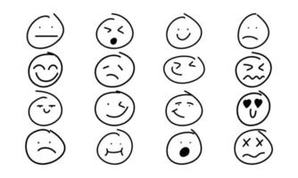 Smiley handdrawn face doodle icon and freehand smile. Emoticon sign sketch and symbol expression vector illustration. Cartoon people emotion set and drawn mood character. Cute caricature head drawing