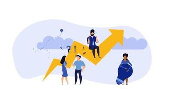 Business analytics in cloud arrow vector leadership company. People challenge teamwork up. Flat job marketing concept illustration. Growth with rocket investment service. woman and man trend result