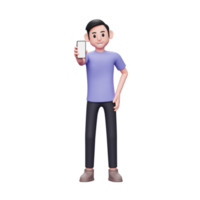 3d character illustration Confident casual man holding and showing phone screen and left hand on waist png