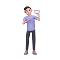 3d character illustration Casual man introduce or present something with a landscape phone screen png