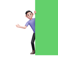 concepto de publicidad, ilustración de personajes en 3d hombre casual mirando, saliendo de detrás de una pancarta de pantalla verde png