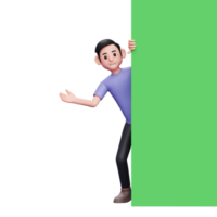 reclame concept, 3d karakter illustratie gewoontjes Mens gluren, komt eraan uit van achter een groen scherm banier png