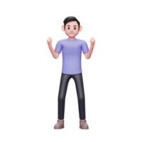 Ilustração de personagem 3d alegre homem casual muito feliz e animado fazendo gesto de vencedor com os braços levantados, pose de celebração de sucesso com cor da moda 2022 png