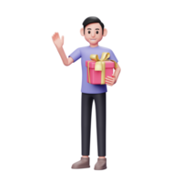 ilustração de personagem 3d de homem casual segurando um presente rosa com a mão esquerda enquanto acenando diga oi, conceito de dia dos namorados ilustração de personagem 3d png