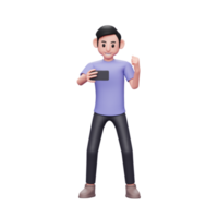 Homem casual de ilustração de personagem 3D segurando e olhando para a tela do telefone enquanto grita feliz comemorando a vitória