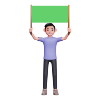 Illustration de personnage 3d homme décontracté tenant une pancarte verte à deux mains, transmettre un message écrit via une pancarte